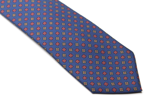 Seven-Fold Navy Silk Tie with Red and Gold Floral Design